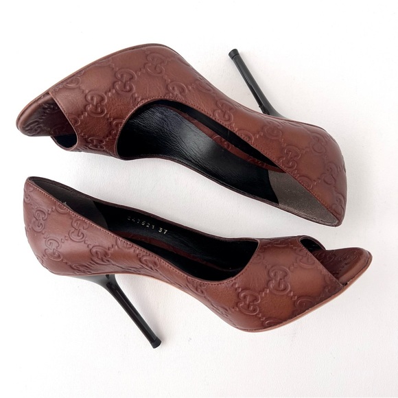 GUCCI | Vintage Guccissima GG Logo Brown Leather Peep Toe High Heel Pumps EU 37 - Picture 8 of 13